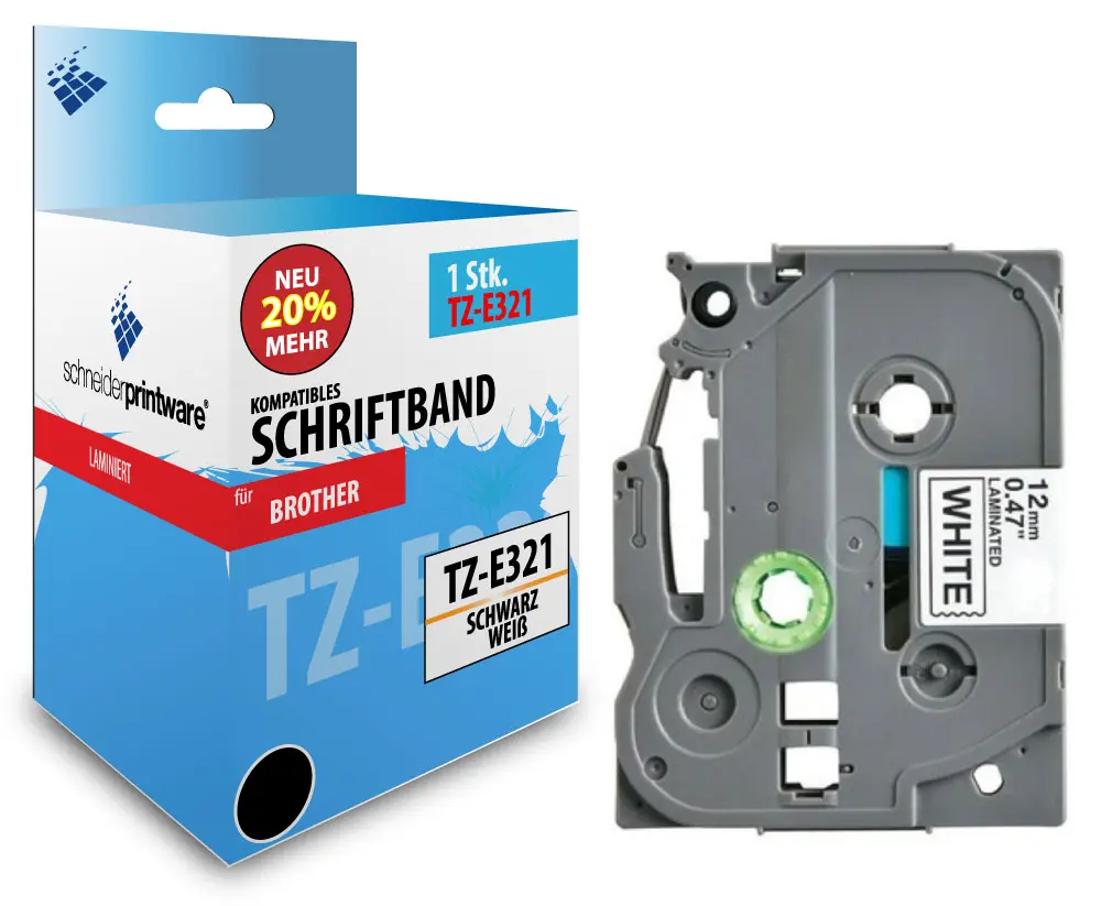 Schneiderprintware Schriftband für Brother TZ-E321 12mm x 8m, Schwarz auf Weiß